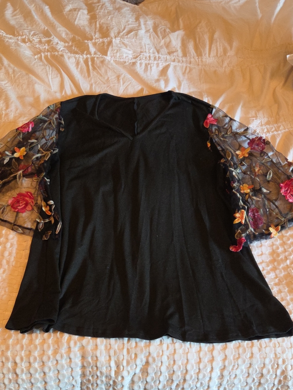 Black Womens Top with Floral Sheer Embroidered Sleeves